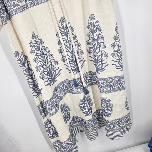 Spartina 449 Maxi Dress White Blue Linen Embroidered Tassels Summer Boho Size XL - Picture 3 of 11